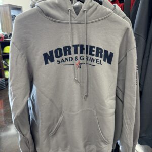 A gray hoodie with the words northern sands and gravel on it.