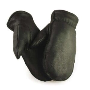 A pair of black leather mittens on top of each other.