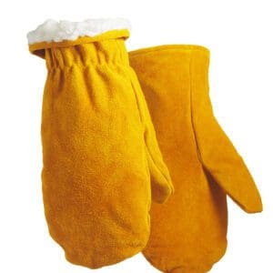 A pair of yellow mittens with white fur on top.