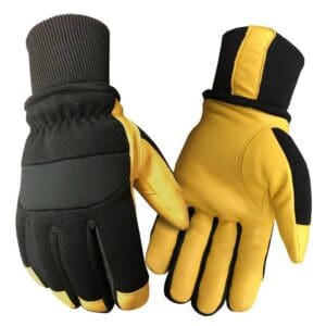 A pair of yellow and black gloves on top of each other.