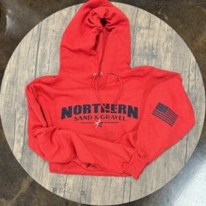 A red hooded sweatshirt with the words " northern american ".