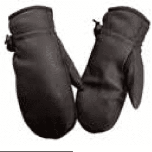 A pair of black mittens with a strap around the wrist.