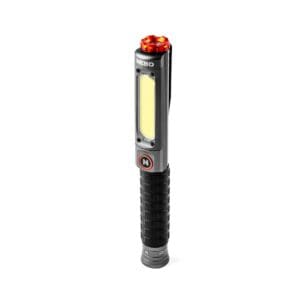 A flashlight is shown with red light on it.