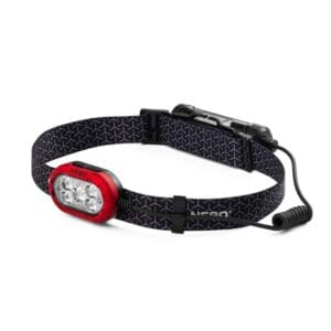 A red head lamp with a black strap.