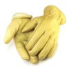 A pair of yellow gloves with their hands on top.