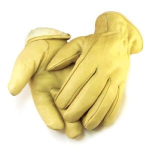 A pair of yellow gloves with their hands on top.