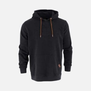 A black hoodie with brown trim and an orange tag.
