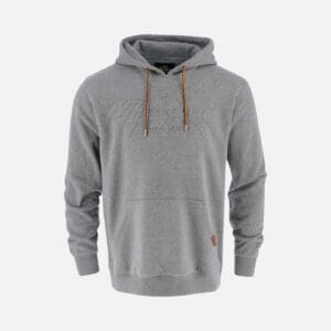 A gray hoodie with a brown string on the end of it.