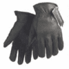A pair of black gloves with a tag on the back.