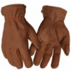 A pair of brown gloves with the word " glove " on them.