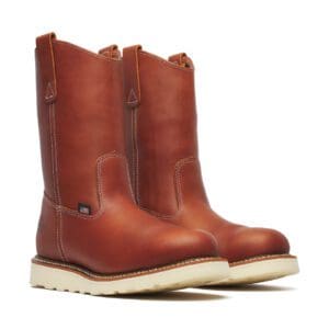 A pair of boots that are brown and white