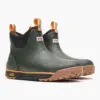 A pair of green boots with orange accents.