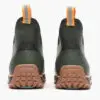 A pair of green boots with brown rubber soles.