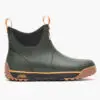 A pair of green boots with brown rubber soles.