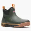 A pair of green boots with yellow accents.