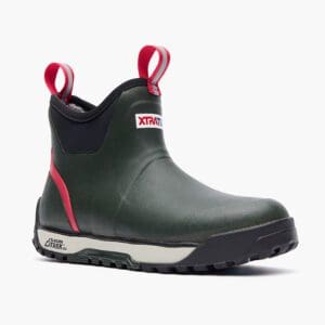 A pair of green boots with red accents.