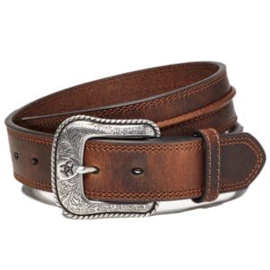A brown leather belt with a silver buckle.