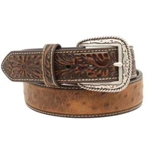 A brown belt with a silver buckle and a floral design.