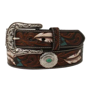 A brown belt with feathers and turquoise on it.
