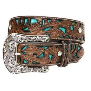 A brown and turquoise belt with silver buckle.