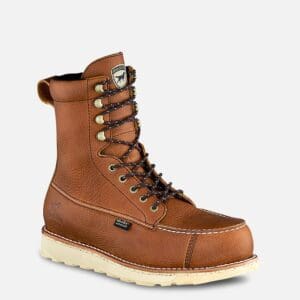 A brown work boot with white sole and laces.