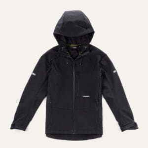 A black jacket with hood and sleeves.