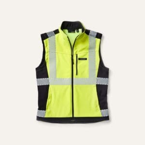A yellow vest with black and white stripes on it.