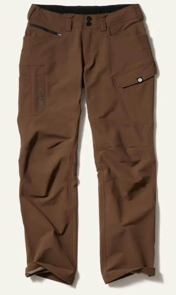 A pair of brown pants are shown with pockets.