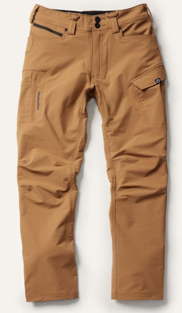 A pair of brown pants are on the ground.