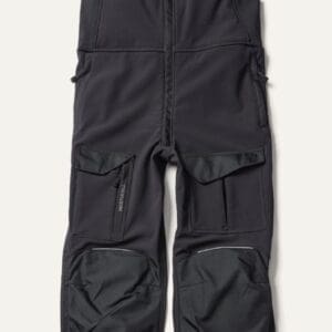 A black bib overalls with an open leg.