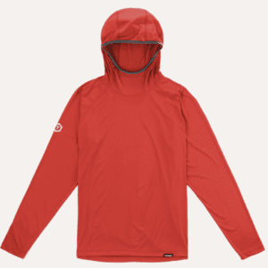 A red hooded shirt with a face mask on the hood.
