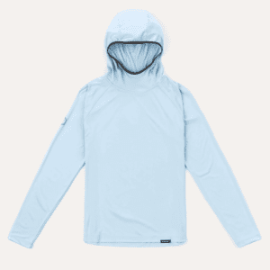 A light blue hooded shirt with a white logo on the front.
