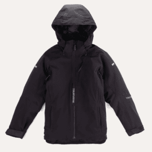 A black jacket with a hood and two front pockets.