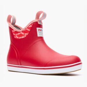 A red boot with white sole and pink trim.