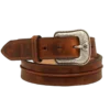 A brown leather belt with silver buckle.
