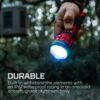 A person holding a flashlight in the woods.