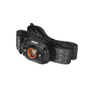 A black head lamp with orange light on it.
