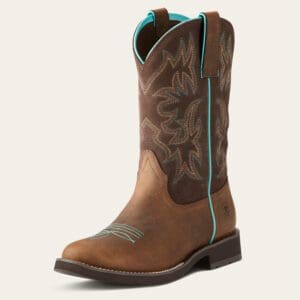 A brown cowboy boot with blue trim and turquoise stitching.