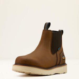A brown boot with white sole and black top.