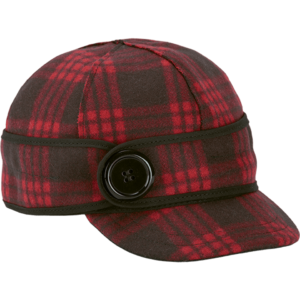 A red plaid hat with a button on the side.