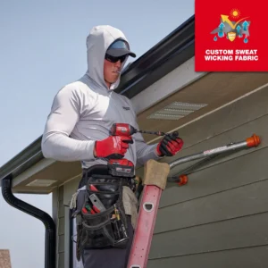 A man in white hoodie holding a drill.