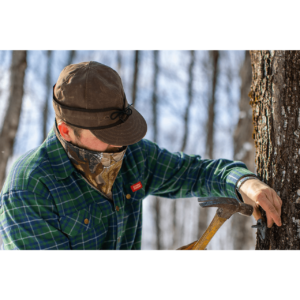 A man in plaid shirt and hat cutting tree.