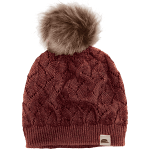 A red hat with a brown pom-pom on top of it.