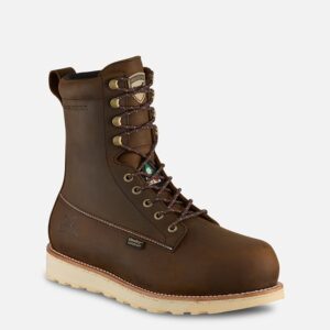 A brown work boot with white soles and laces.