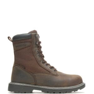 A brown work boot with black sole and laces.