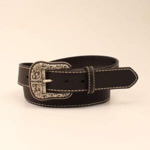 A black leather belt with silver buckle and white stitching.