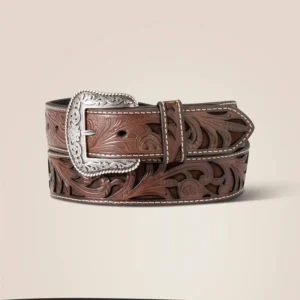 A brown belt with silver buckle and some leaves
