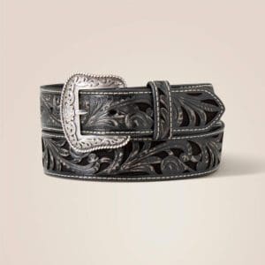 A black belt with silver buckle and some leaves