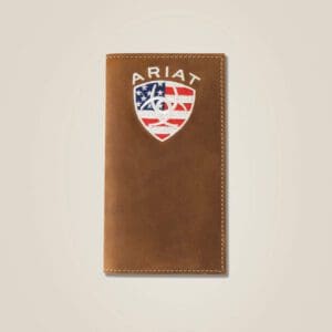A brown leather cover with an american flag on it.