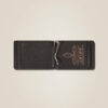 A black wallet with a brown logo on it.